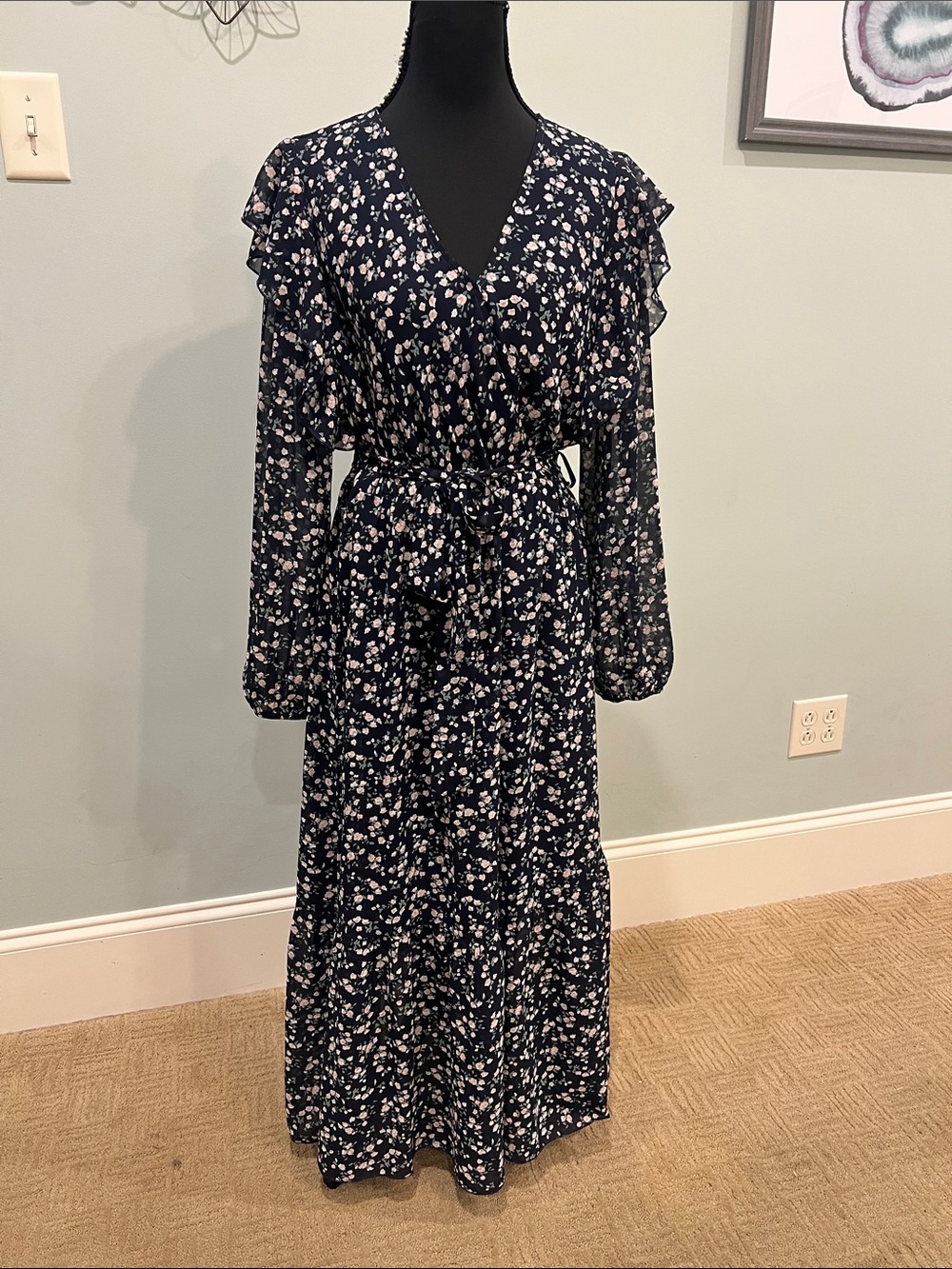 Dark Navy Floral Maxi Dress with Tie Waist-NWOT